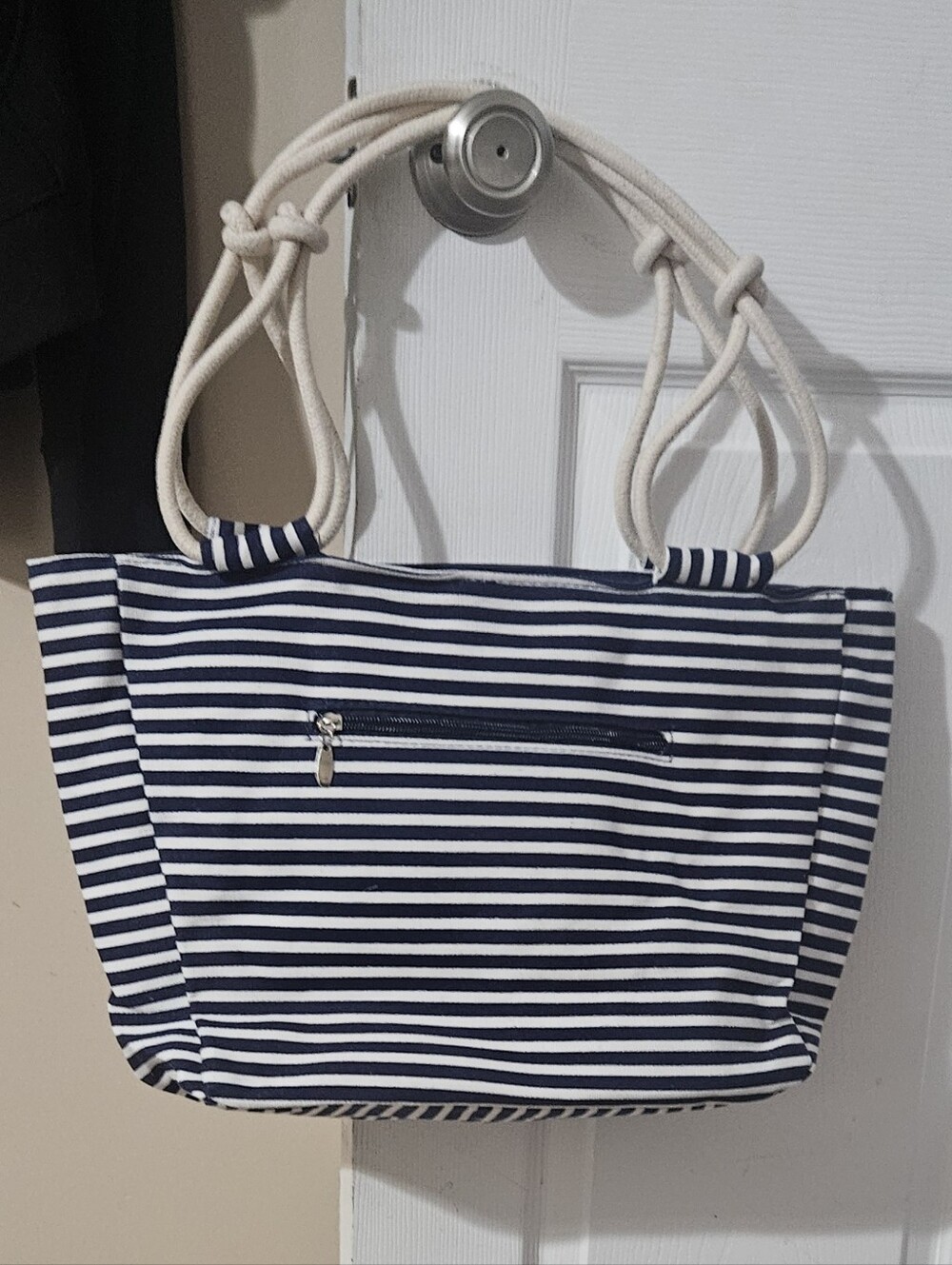 Navy and White Striped Tote Bag with Rope Handles. New.